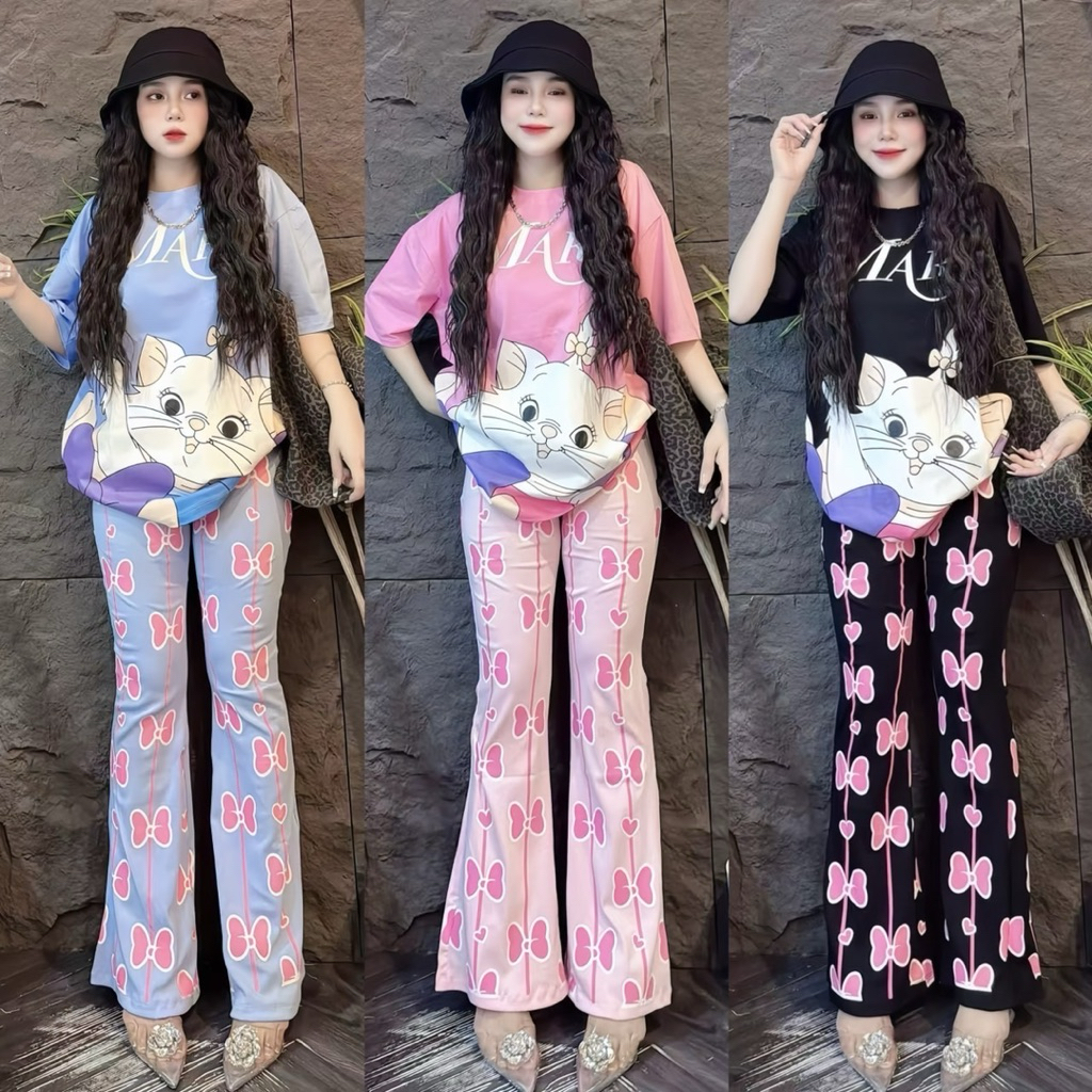 Set 2 ชิ้น เสื้อพิมพ์ลายน้องแมวมาลี + กางเกงพิมพ์ลายโบว์ขาม้า (มี 3 สี)
