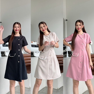 C90 - heart buttons  เดรสแขนสั้นติดกระดุมหัวใจlalarlan