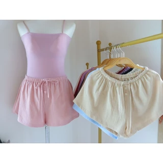 Linen Lowy กางเกงขาสั้นเอวต่ำผ้าคัตตอลนินิน เนื้อนุ่ม ใส่ไปทะเลน่ารัก มินิมอล ฟรีไซส์เอว24-นิ้ว