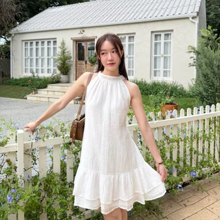 Cronie - Lora dress เดรสสั้นคอผูกด้านหลัง แต่งระบาย 2 ชั้น ซับในทั้งตัว ผ้าไม่ต้องรีด