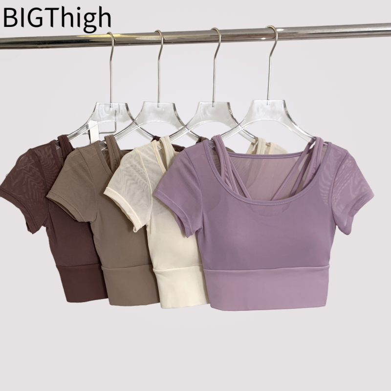 Big Thigh เสื้อโยคะสายเดี่ยวตาข่ายพร้อมแผ่นรองหน้าอกสำหรับผู้หญิง เสื้อกีฬาออกกำลังกายพิลาทิสแขนสั้น