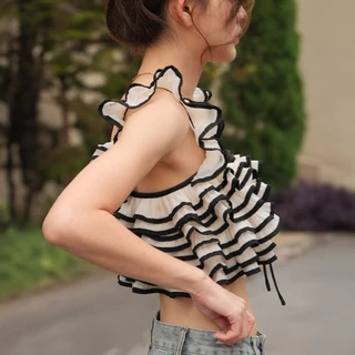LUCA STUDIO_Nessa crop top - เสื้อครอปผ้าออแกนดี้รูดบาย สีครีมขอบดำ ดีไซน์เลเยอร์ซ้อนชั้นโบว์กลางอก
