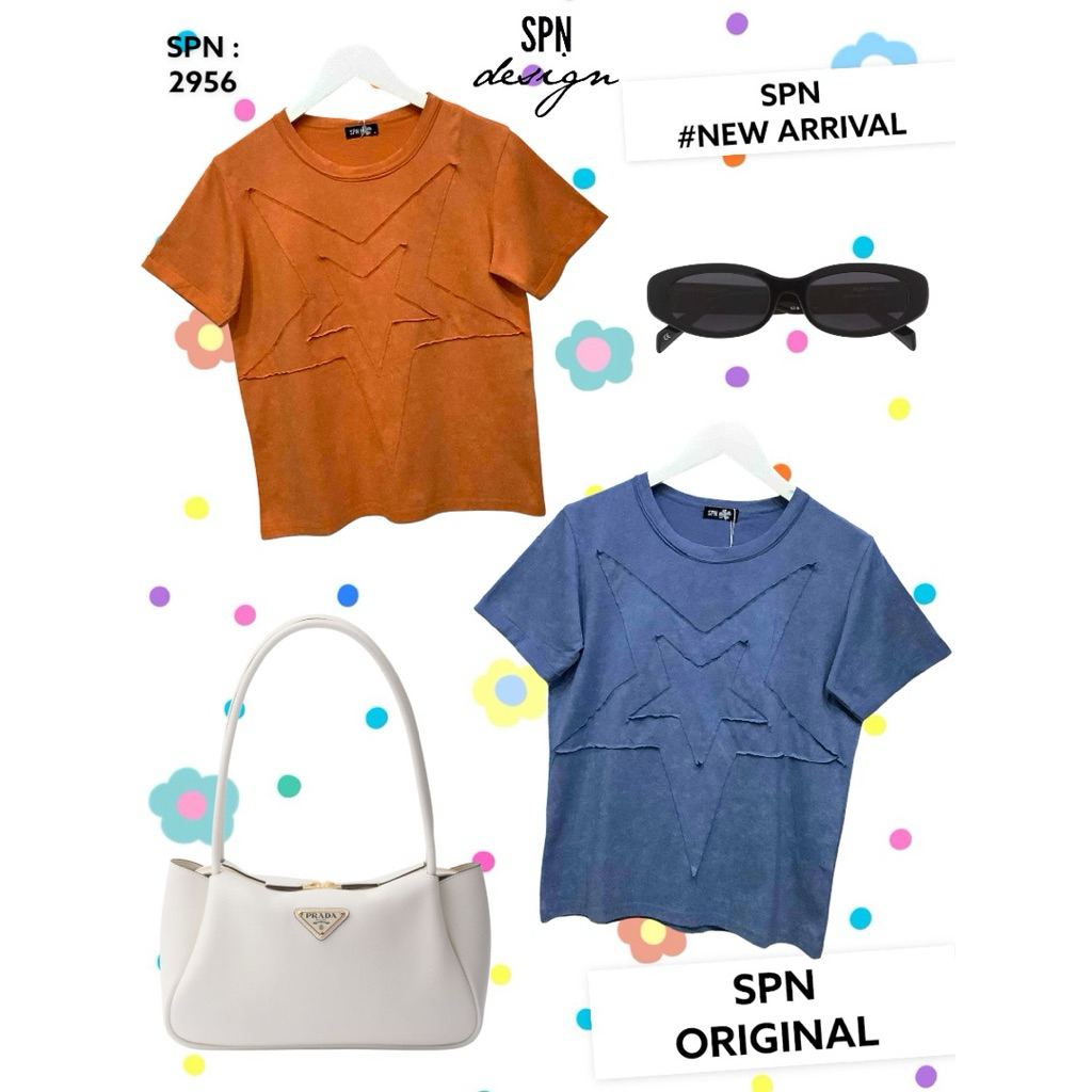 SPN 2956 เสื้อผ้ายืดคอกลม ปักรูปดาว สีส้ม/สีฟ้า ความยาว 23”