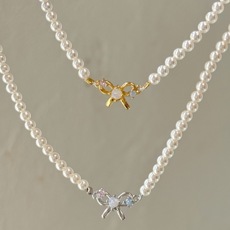 Suwann.na สร้อยคอ สร้อยคอเงินแท้ สร้อยมุกจี้โบว์ เงิน, ทอง