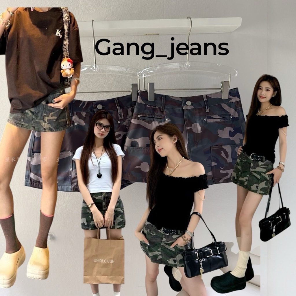 Gang_jeans(Mo)กระโปรงสั้นลายทหาร มีซับในสีเดียวกับตัวกระโปรง