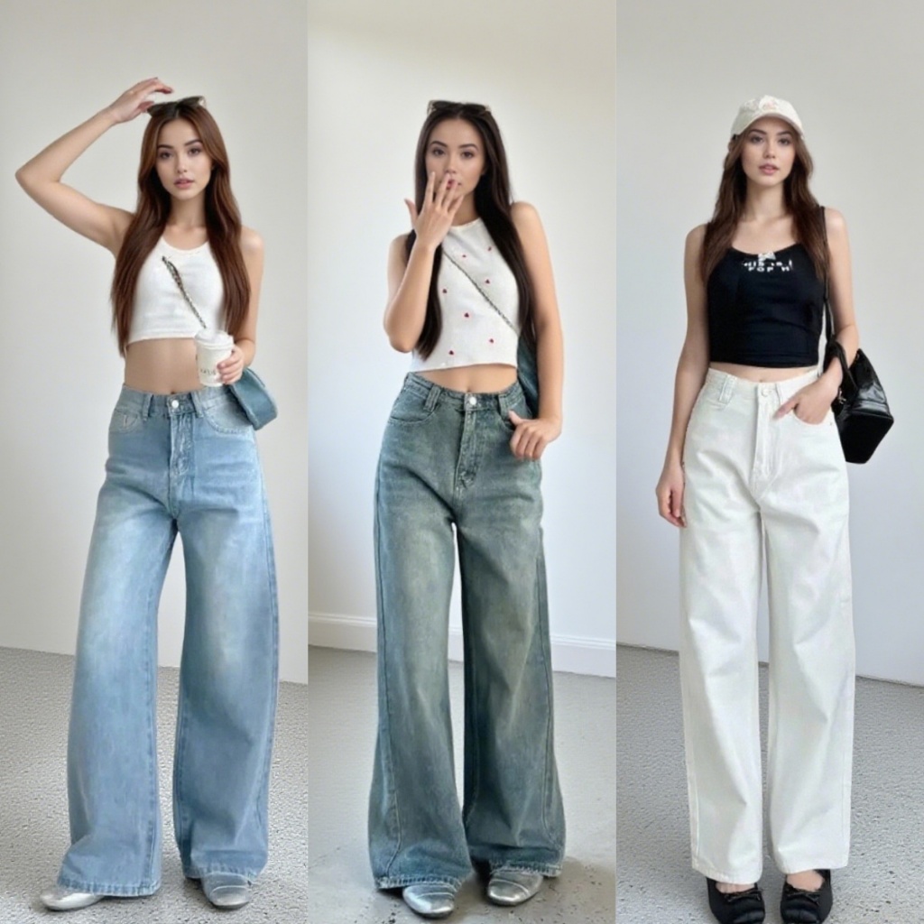 Bella shop กางเกงยีนส์ขากว้างลําลอง กางเกงยีนส์ทรงตรงเอวสูง มีสไตล์และเรียบง่าย ทรงหลวม สวมใส่สบาย