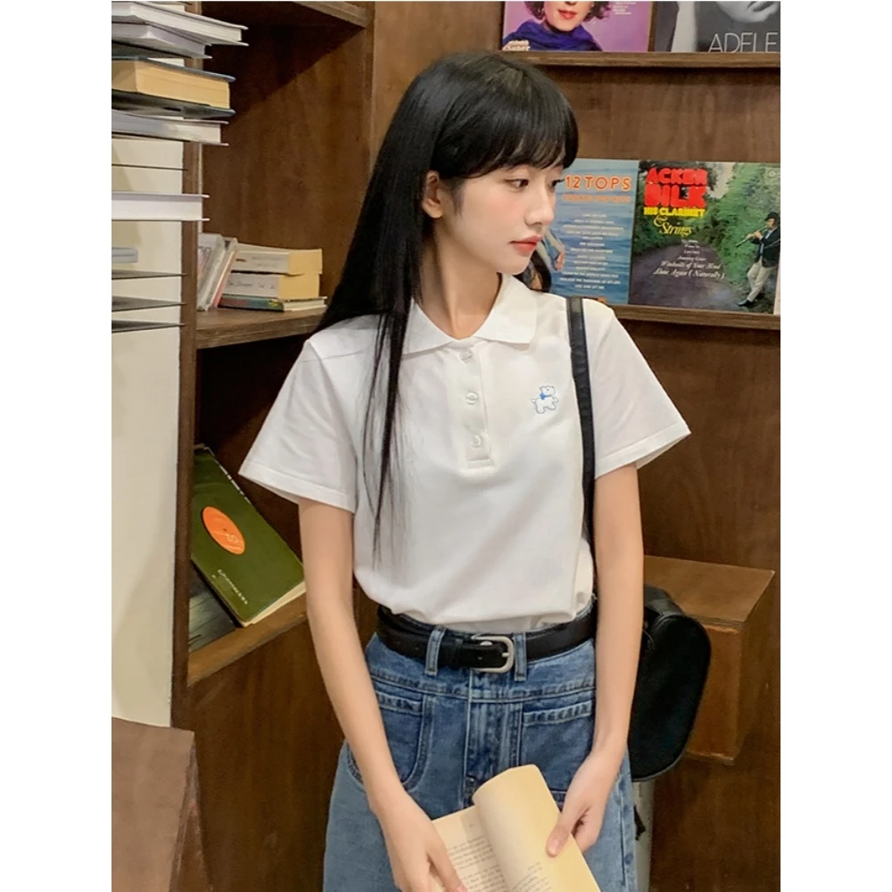 Bella shop เสื้อยืดผู้หญิงแฟชั่น เสื้อโปโล มีสไตล์และเรียบง่าย แขนสั้น สีพื้น ทรงเข้ารูป เบสิก