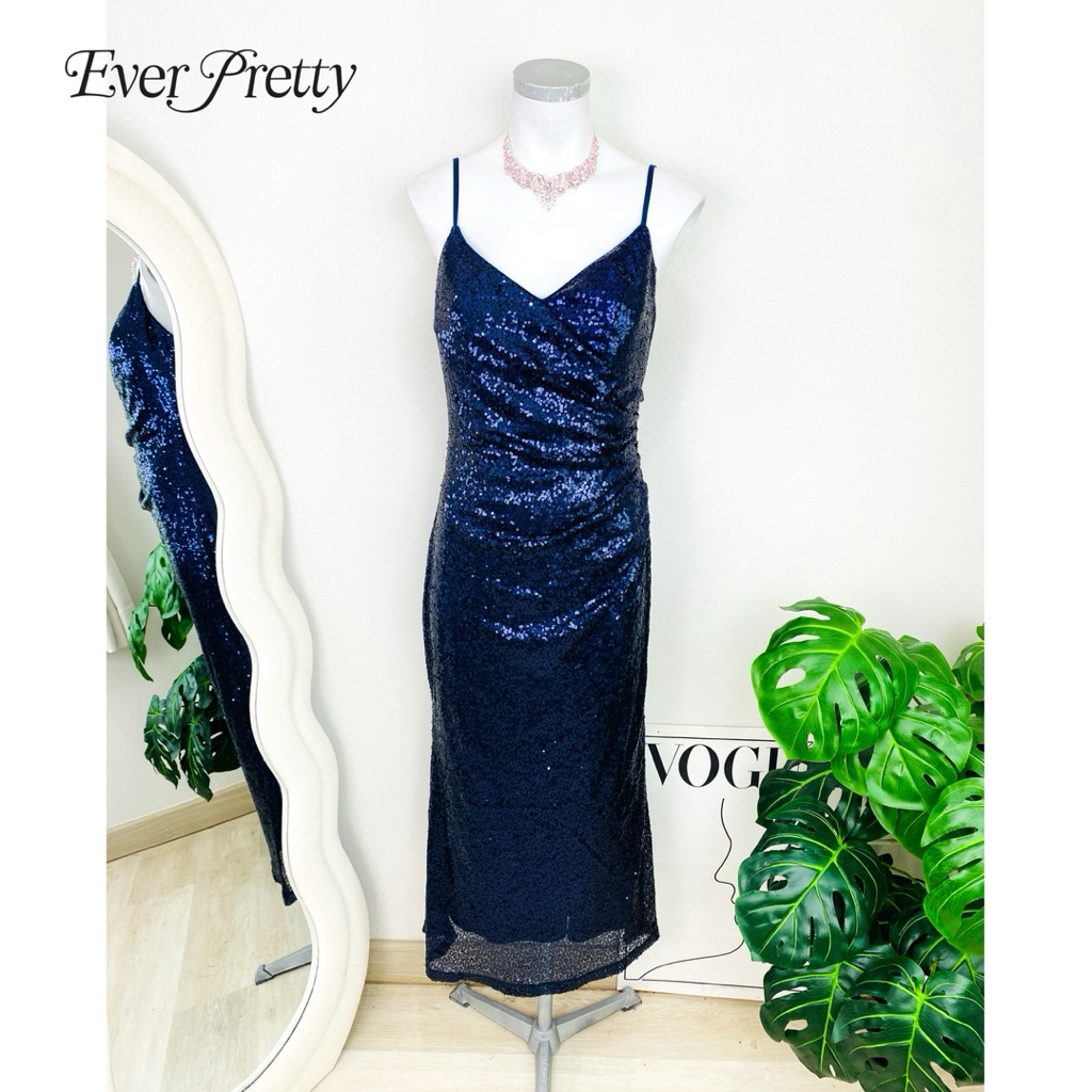 ไซด์ M แบรนด์ Ever pretty แท้100% 🌸 เดรสยาว ขยุ้มอก งานเกล็ดวิบวับ สีกรม ทรงเข้ารูป เดรสออกงาน ชุดปา