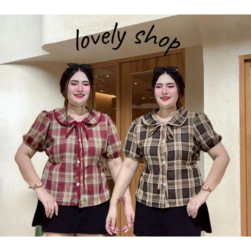 N53 เสื้อคอบัว แขนตุ๊กตา มีสม็อคหลัง ลายสก็อตน่ารัก สาวอวบ อก 34-44“