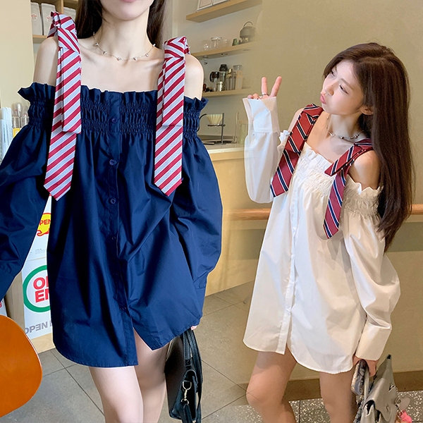 mimi&didi#เสื้อเชิ้ต ไหล่เดียว แขนยาว สไตล์เกาหลี ดีไซน์ใหม่สีตัดกัน มีโบว์ เสื้อสายเดี่ยว สำหรับผู้หญิง#W633