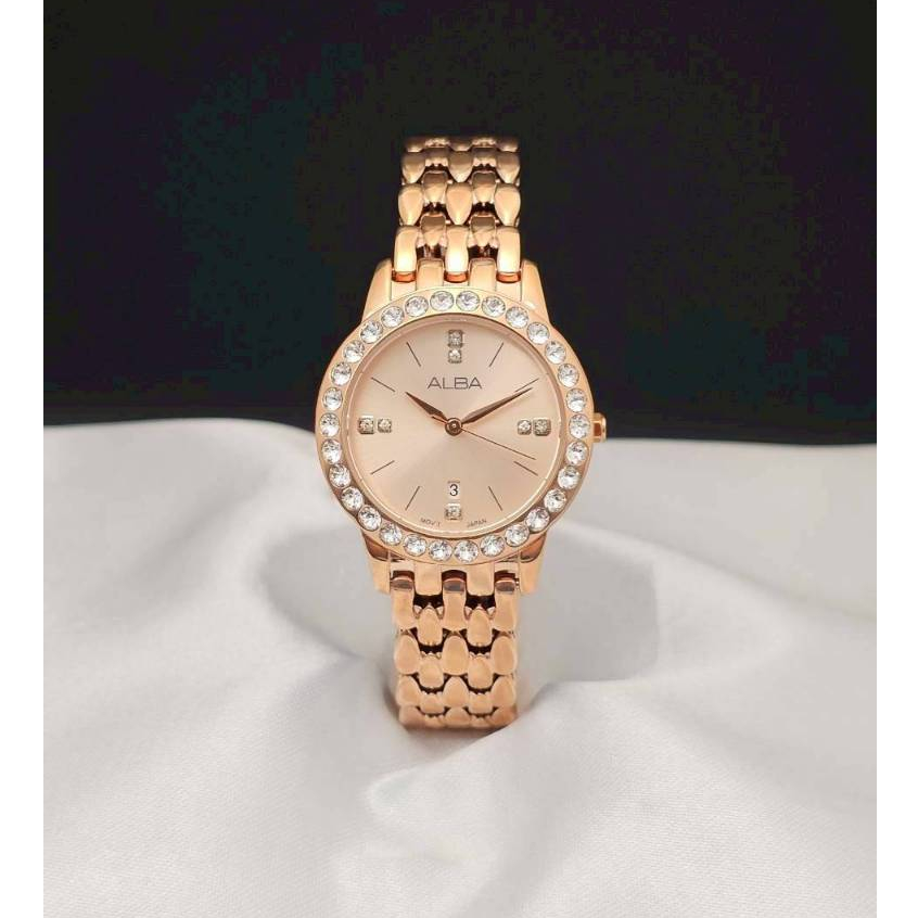 นาฬิกาผู้หญิง ALBA Japan รุ่น AH7U72X สแตนเลสแท้ สีพิ้งโกลด์ หน้าปัดชมพู คริสตัลSWAROVSKI ประกันศูนย