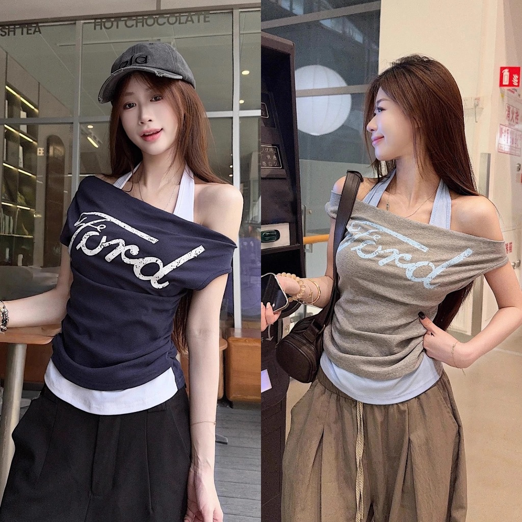 เสื้อยืด เสื้อครอป สีพื้น สลับสี กรีนอักษร เเบบ2ชิ้นติดกัน #1502395