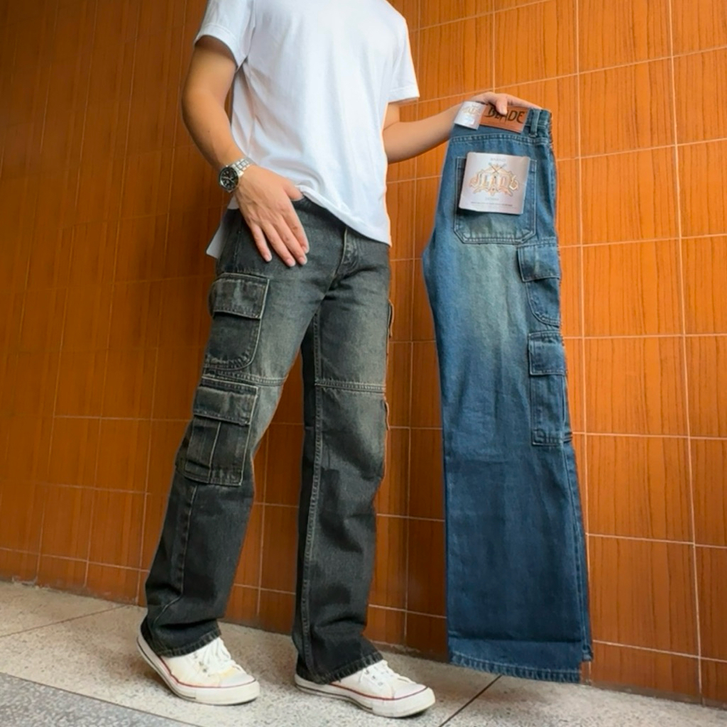 กางเกงยีนส์คาร์โก้กระบอกใหญ่ 8 กระเป๋า ป้ายBLADE