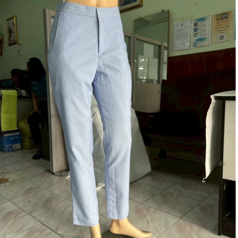 Sale กางเกงฟ้าริ้ว ขาตรง เอวสูง (ผ้าฟ้าริ้วขาว)