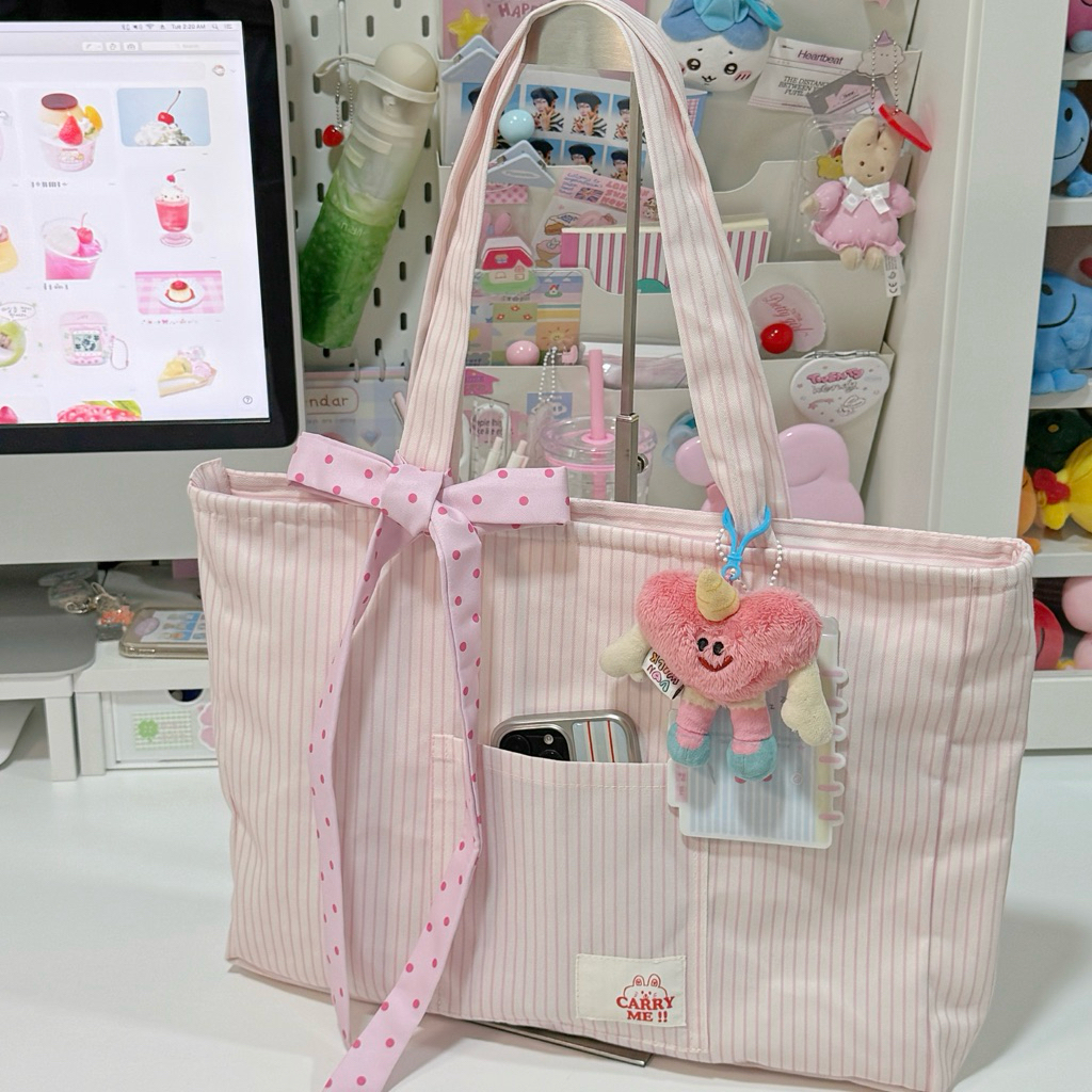 🍬พร้อมส่งTote Bag Candy กระเป๋าผ้าแคนวาสลายริ้ว มีซิป ด้านในมีช่องใส่ mac ipad laptop สมุดหนังสือได้