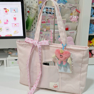 🍬พร้อมส่งTote Bag Candy กระเป๋าผ้าแคนวาสลายริ้ว มีซิป ด้านใน…
