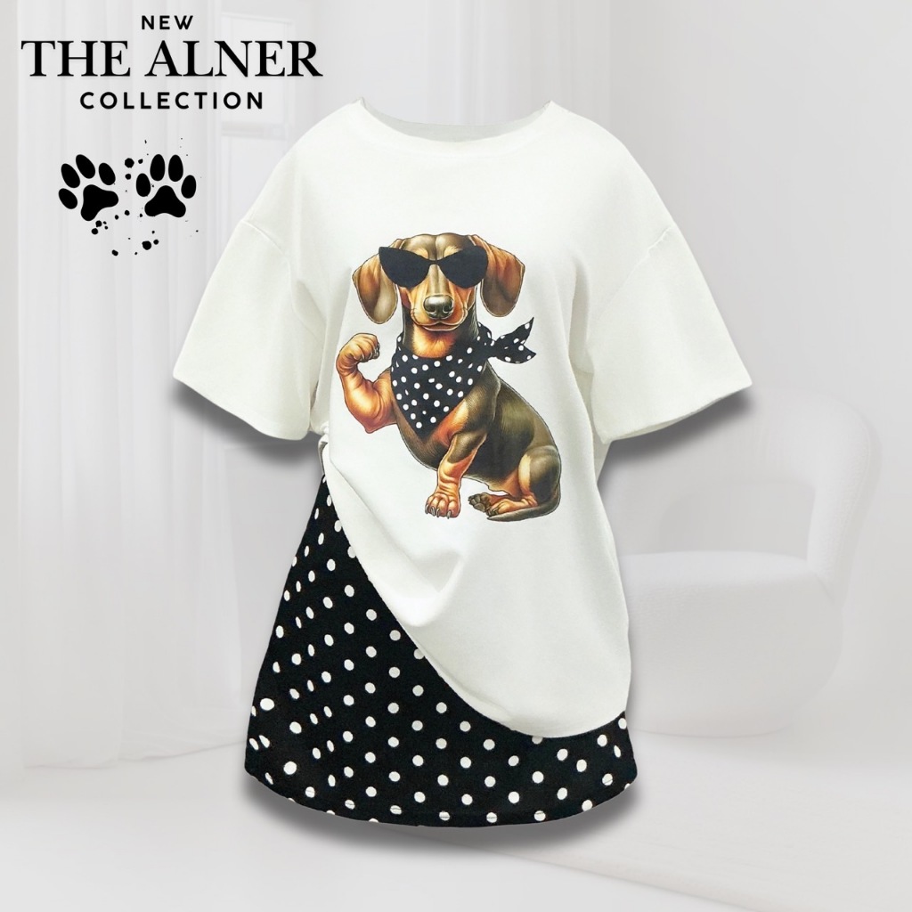 Thealner-AN354 (เซตเสื้อยืดขาวแขนสั้นลายหมาผูกผ้า+กระโปรงดำลายจุด)