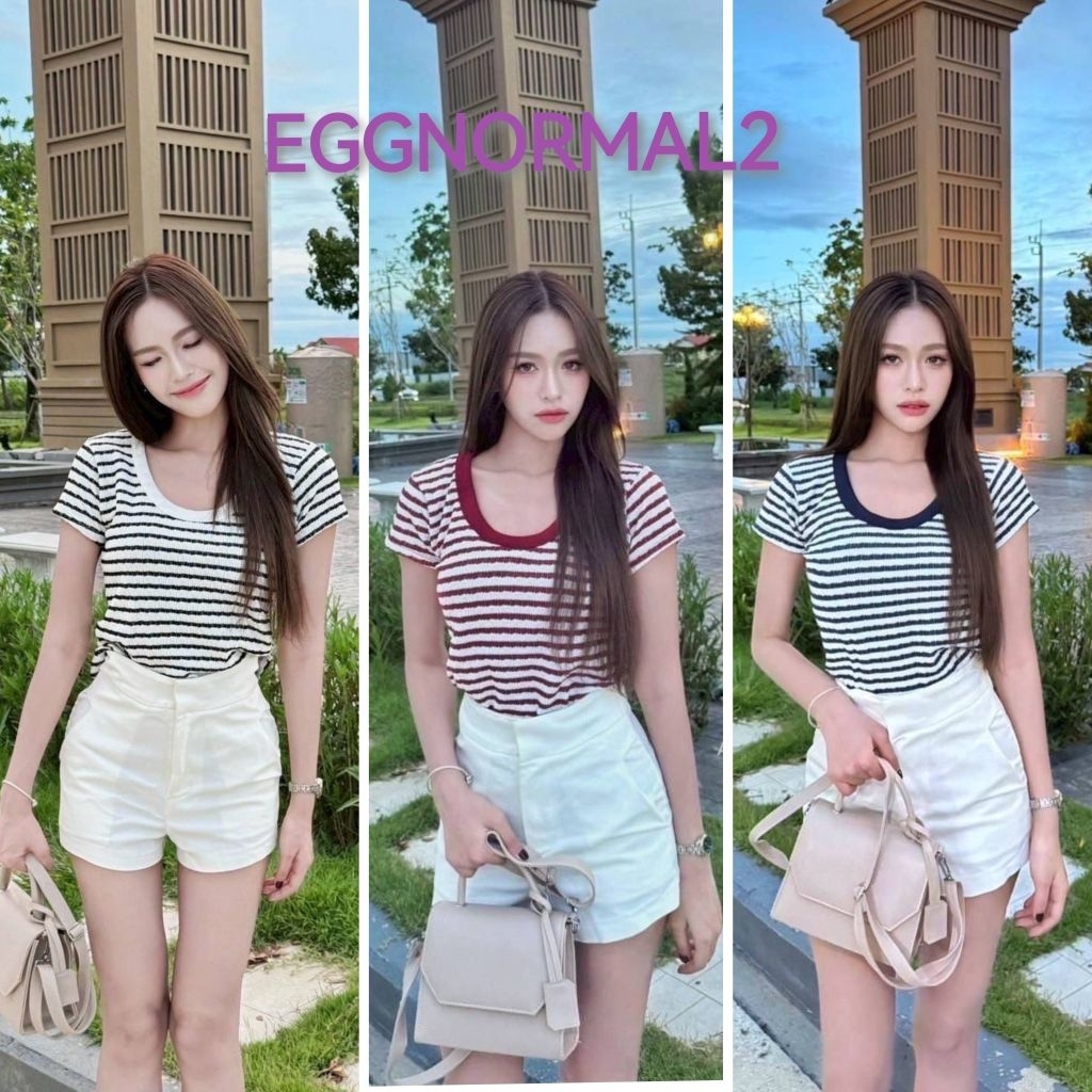 ANGEL STYLE T231 เสื้อคอยูลายริ้วแขนสั้น ผ้าคัตตอลผสมไหมพรมลายริ้ว
