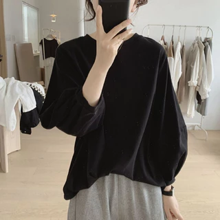 cherryshop พร้อมส่ง เสื้อยืดแขนยาวผู้หญิงสไตล์เกาหลีเรียบง่ายใหม่ สีพื้น คอกลม ทรงหลวม แขนพอง หวานและน่ารัก