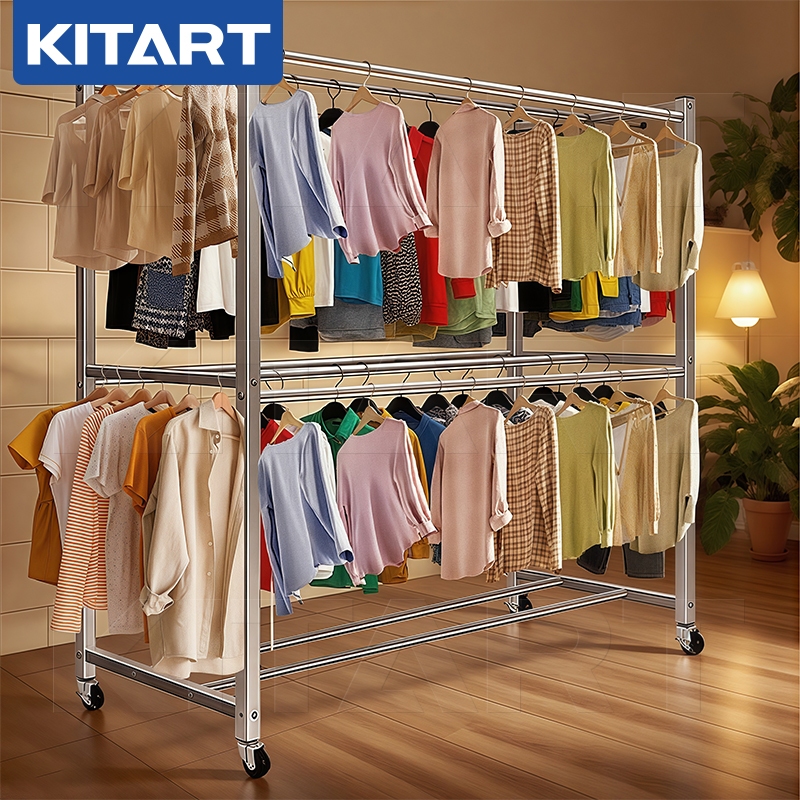 KITART ราวตากผ้า 2 ชั้น 8 แท่ง มีล้อ แขวนผ้าได้เยอะ ยาว 150 ซม. ใช้ในร่มและกลางแจ้ง