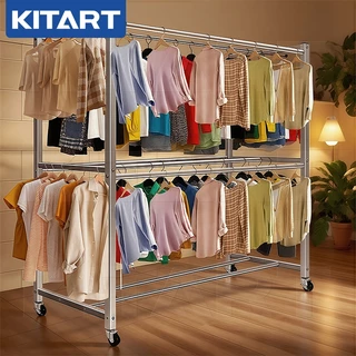 KITART ราวตากผ้า 2 ชั้น 8 แท่ง มีล้อ แขวนผ้าได้เยอะ ยาว 150 ซม. ใช้ในร่มและกลางแจ้ง