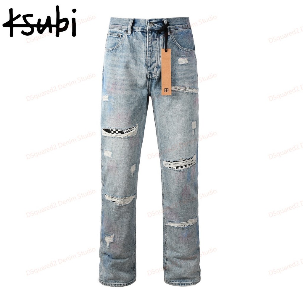 Ksubi กางเกงยีนส์ขาดๆ สำหรับผู้ชาย กางเกงขายาวอเนกประสงค์สีฟ้าอ่อน 3038