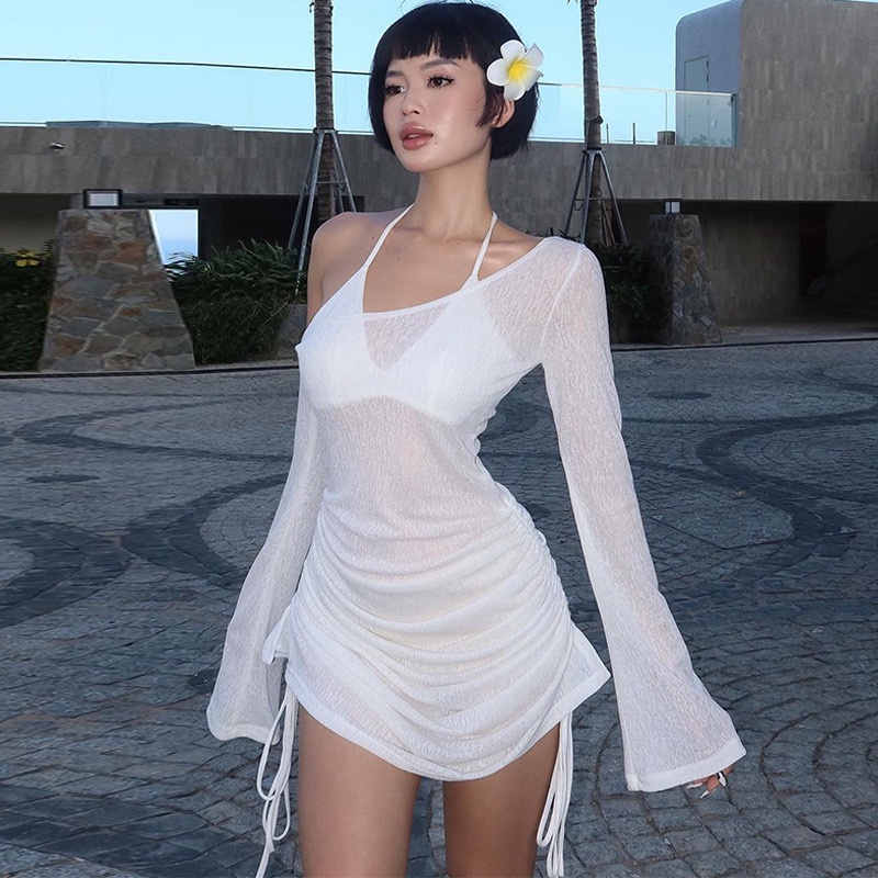 ชุดเดรสซีทรู แขนยาว เปิดไหล่ ใส่คลุมบิกินี่ ใส่เที่ยว สําหรับผู้หญิง – โปรปัง