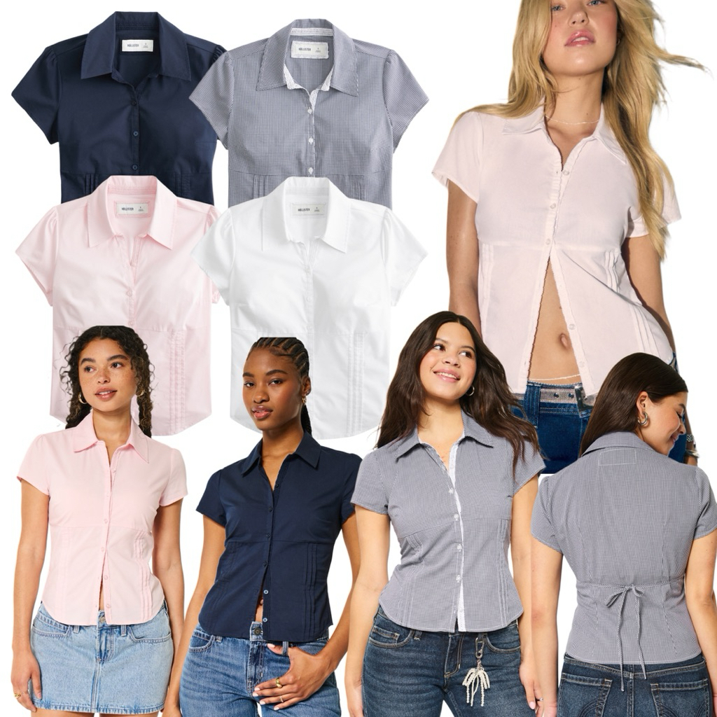 (ของแท้💯) Hollister short-sleeve stretch poplin button-through shirt เสื้อเชิ้ตแขนสั้น มีเชือกผูกเอว