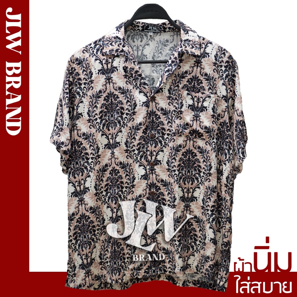 เสื้อฮาวาย ลายไทย ดำ ผ้านิ่ม M L XL Oversize คอฮาวาย JLW BRAND