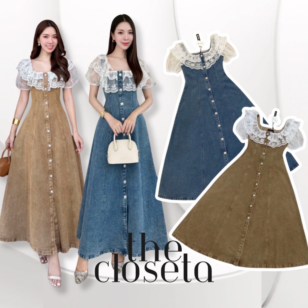 THE CLOSETA : (พร้อมส่ง) LV171 เดรสยีนส์แขนตุ๊กตาลูกไม้สีขาว