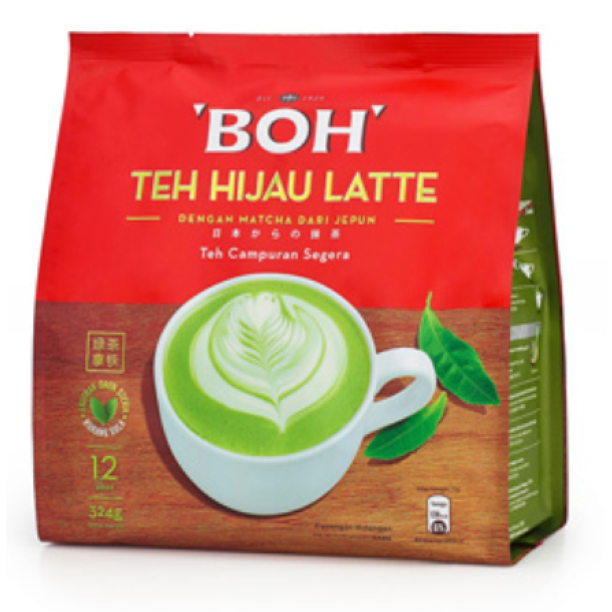 BOH ชาเขียวลาเต้ผสมมัทฉะ BOH Green Tea Latte with Matcha Product of Malaysia Halal 12pcsX27g