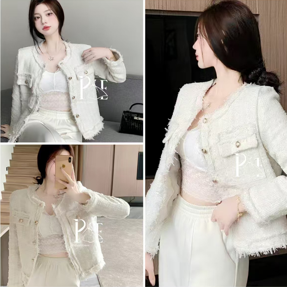 พร้อมส่ง เสื้อทวิต แขนยาว ดีไซน์แต่งกระดุม เก๋ๆ สไตล์เกาหลี รุ่นกระเป๋าหน้า 2 ข้าง ใส่แล้วดูดีหรูหรามาก