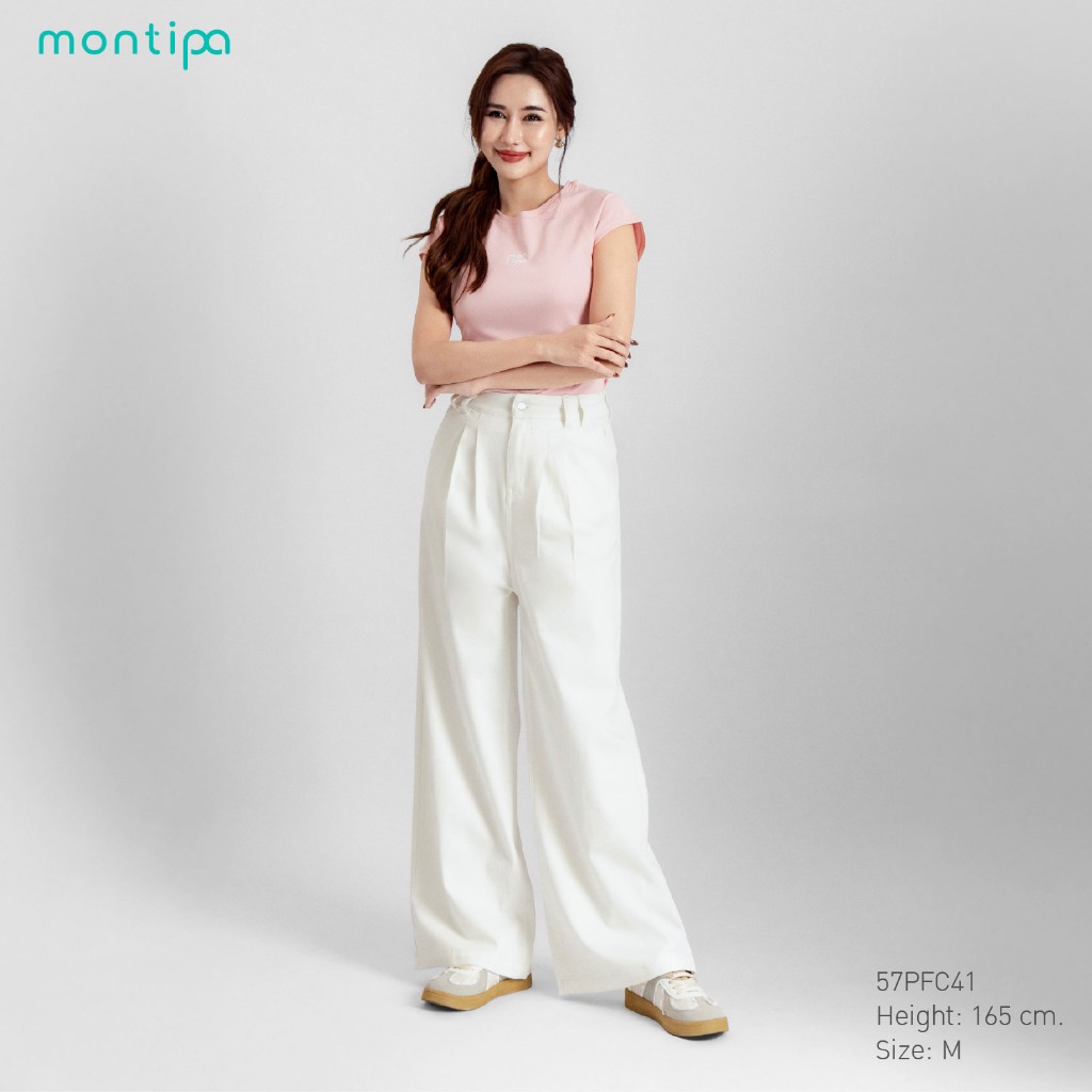 Montipa กางเกงยีนส์ทรงกระบอกใหญ่ ดีเทลแต่งจีบหน้าและหูเข็มขัดคู่ ผ้า Comfort Soft Jeans 57PFC41
