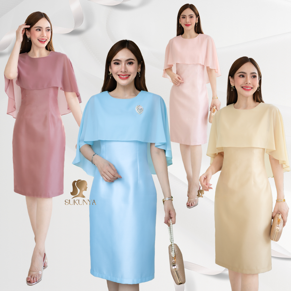 6381::DRESSชุดเดรสผ้าไหมทรงสวยแต่งแขนระบาย Clothing Women ผู้หญิง เสื้อผ้า ชีฟอง กระโปรง