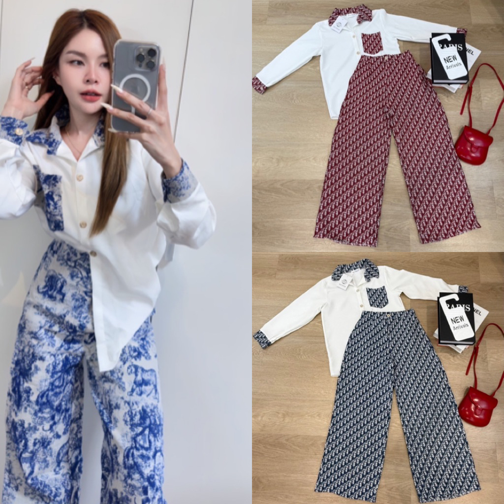 เช็ต2 ชิ้น เสื้อเชิ้ตผ้าบาบี้*กางเกงผ้าทอลาย  ใส่เที่ยวชิวๆ  คาเฟ่ ออกงาน