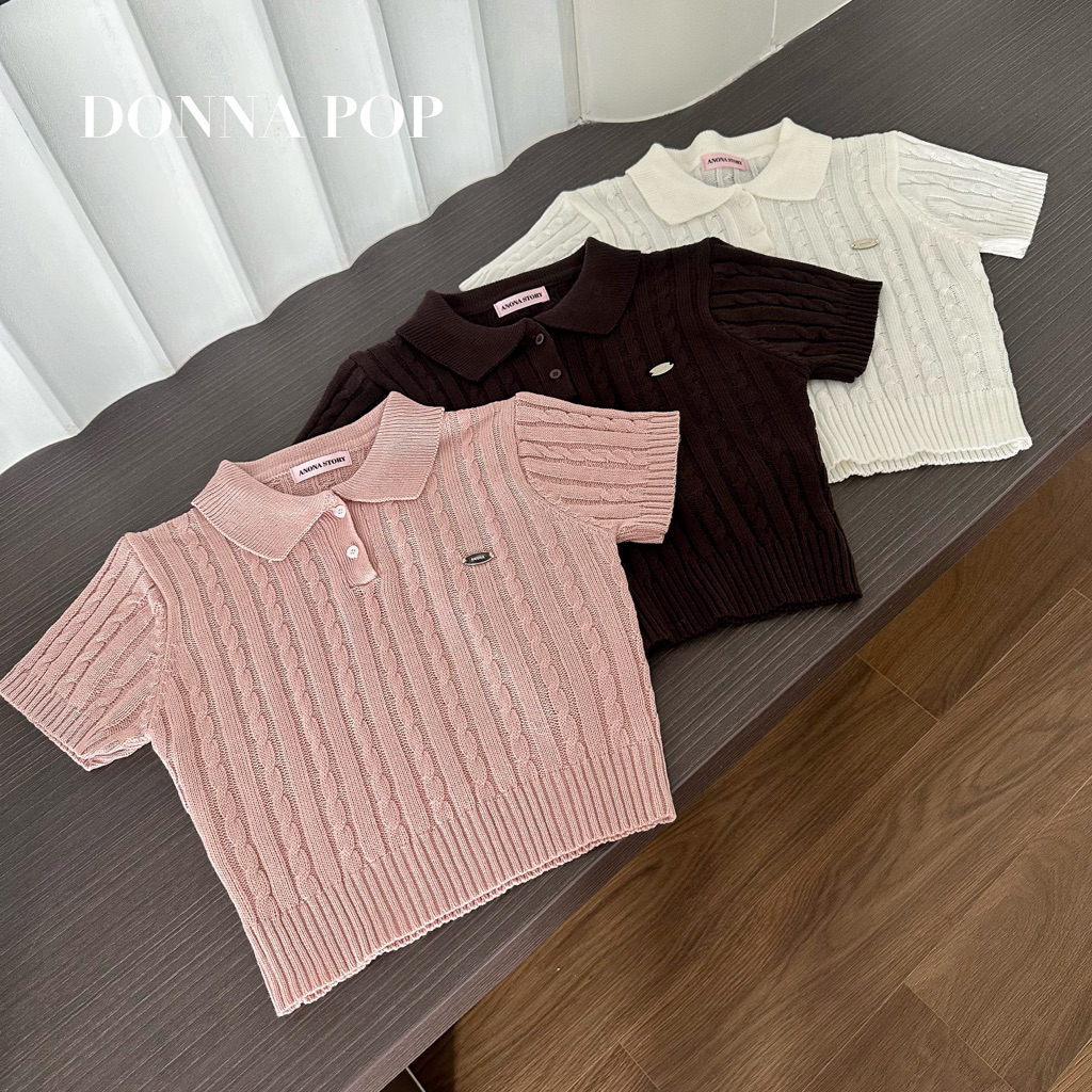 DONNAPOP เสื้อโปโล ไหมพรหมสีพื้นแต่งอะไหล่