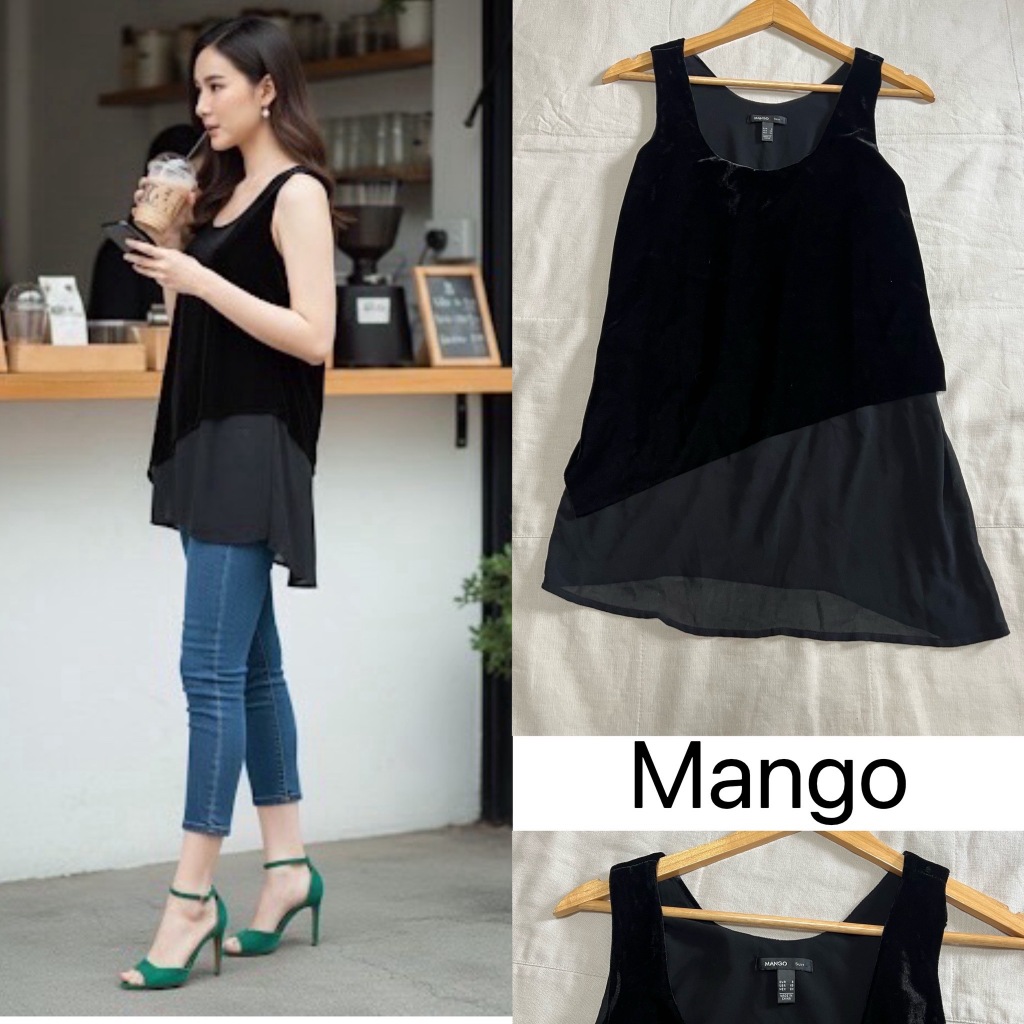 (F393) M a n g o Suit  เอ็มเอ็นจี ไซส์ S เสื้อแขนกุดกำมะหยี่ สี่ดำสนิท ผ้าโพลีเอสเตอร์ สภาพสวย ใหม่ม