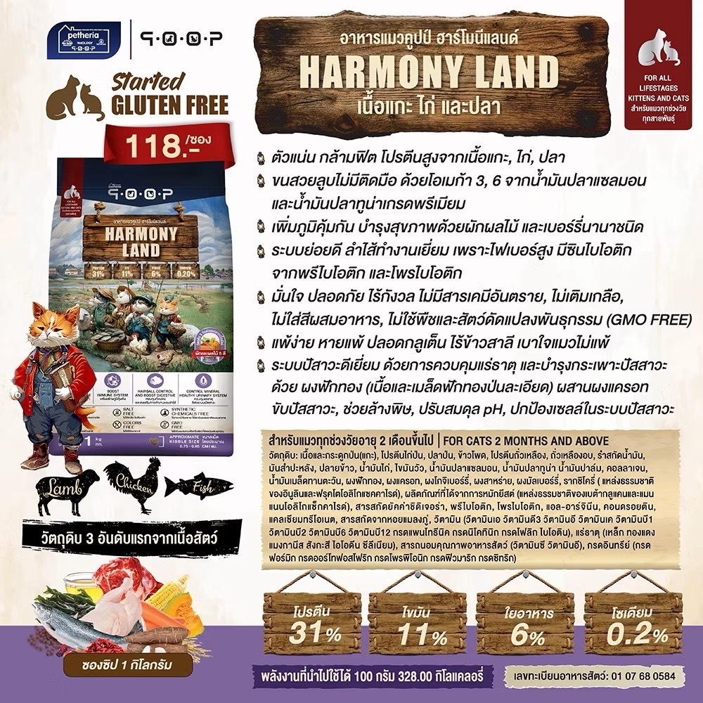 qoop อาหารแมวคูปป์ กลูเต็นฟรี สำหรับแมวทุกช่วงวัย 1 Kg โปรตีนสูง โซเดียมต่ำ STARTED GLUTEN FREE รูปที่ 6