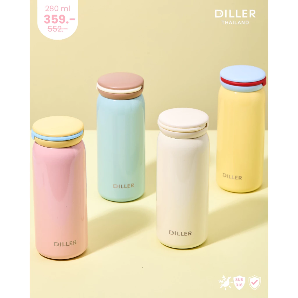 พร้อมส่งจากไทย Diller Thermo Flask 280 ml. (MLH9320) กระติกเก็บความร้อนและเย็น สแตนเลส 2 ชั้นเก็บเย็น24ชม. thumbnail 4