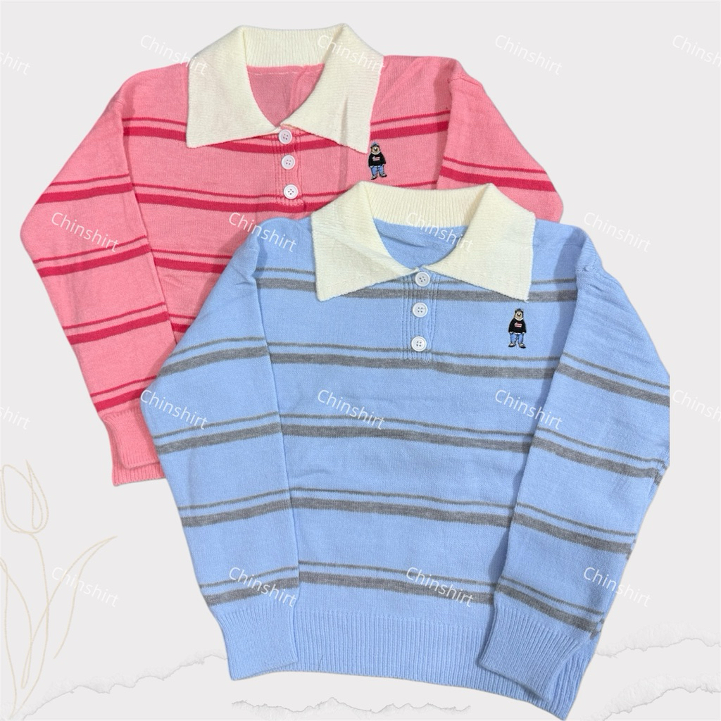 Chinshirt สเวตเตอร์งานแขนยาวลานริ้วหมีโทนสีพาสเทลน่ารักเสื้อผ้าแฟชั่นผู้หญิงลายริ้วปักหมี Sweater Cloth