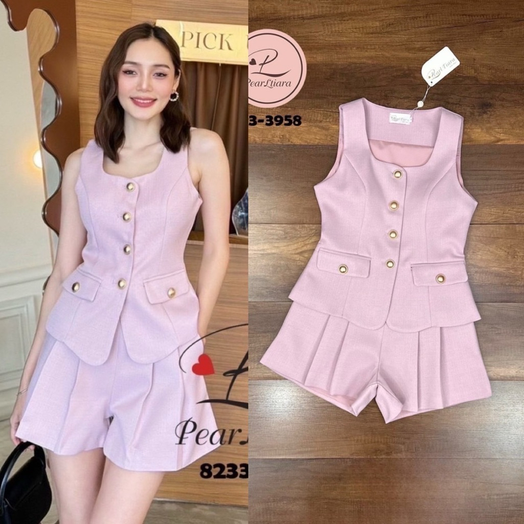 พร้อมส่ง⚡️AR 8233 เสื้อ+ขาสั้น ดีไซน์เก๋ สีชมพูหรู [XS SM]