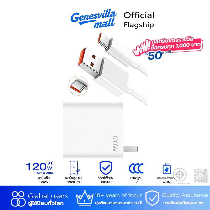 ชุดชาร์จ For XMI 120W สาาร์จ 6A ชาร์จ 120W (สายชาร์จเร็ว+หัวชาร์จ) USB Type C Quick Charge