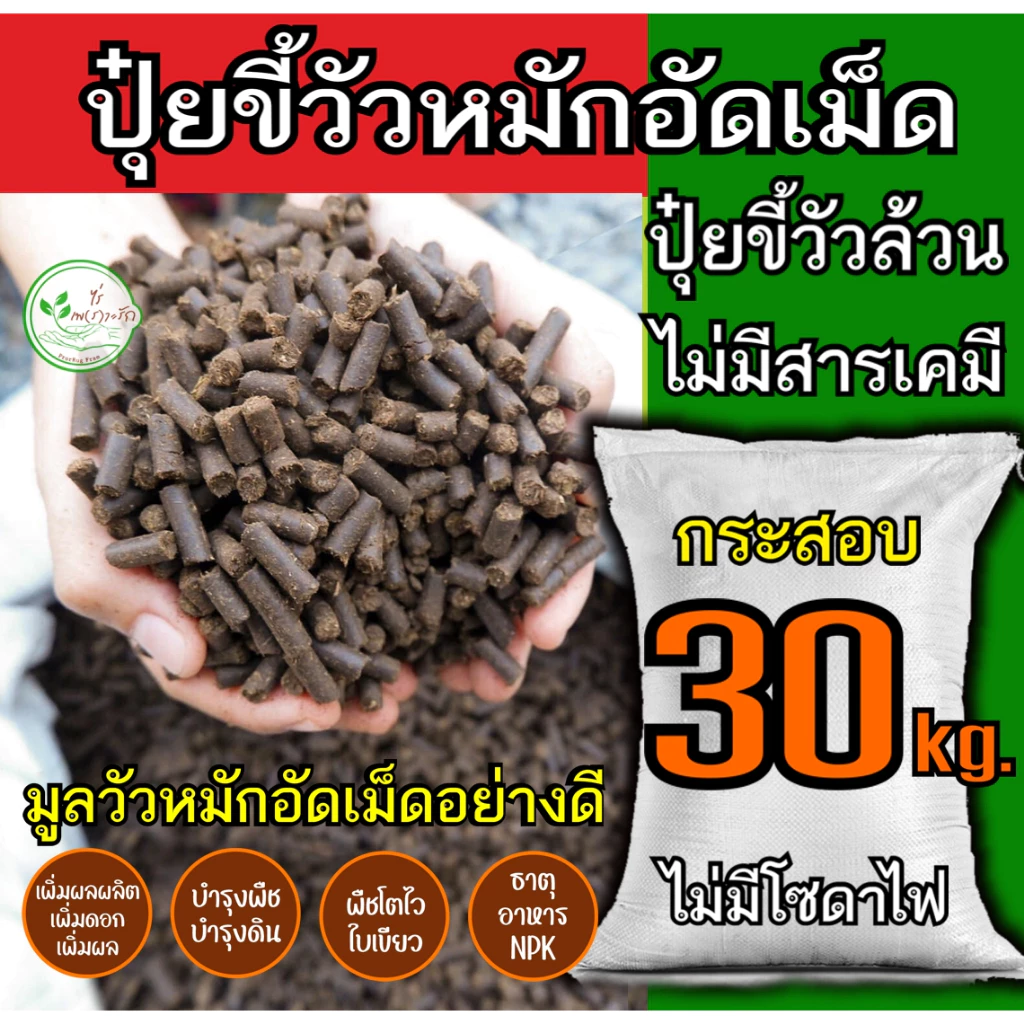 ขี้วัวอัดเม็ด ผสมไตรโครเดอร์ม่า กระสอบ 30 กิโล ขี้วัวหมักEM อย่างดี อัดเม็ด บำรุงพืชระเบิดราก มูลวัวปุ๋ยคอก