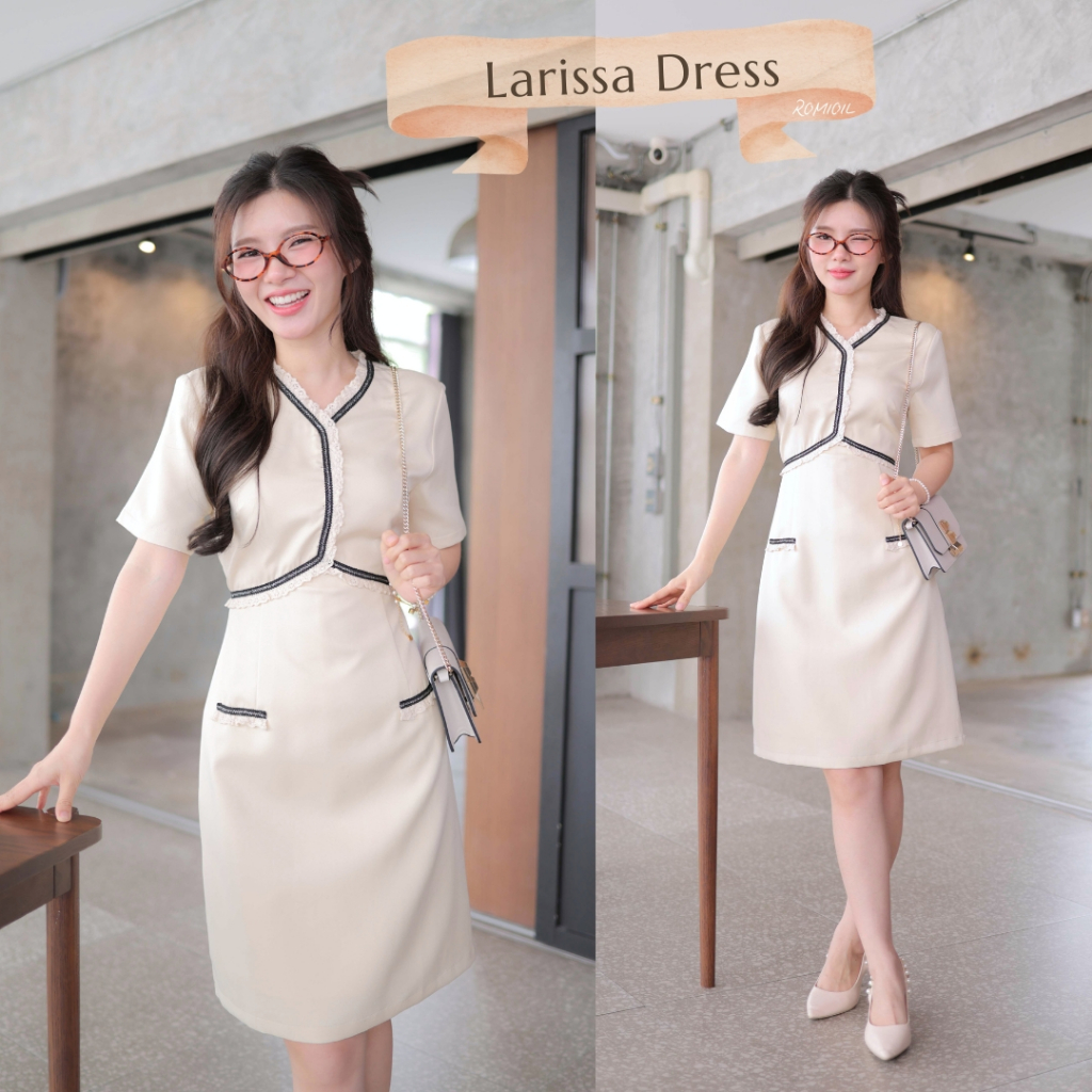 "Romi"Oil" Larissa Dress (Cream) K298 ชุดเดรสสีครีม (สีพื้นแต่งกระเป๋าหลอก)