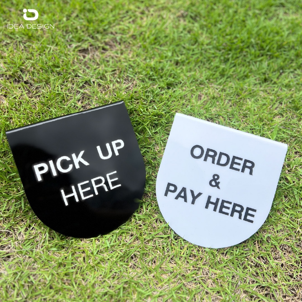ป้าย PICK UP / ORDER HERE  & PAY HERE สำหรับวางบนเคาท์เตอร์ คาเฟ่ ร้านอาหาร