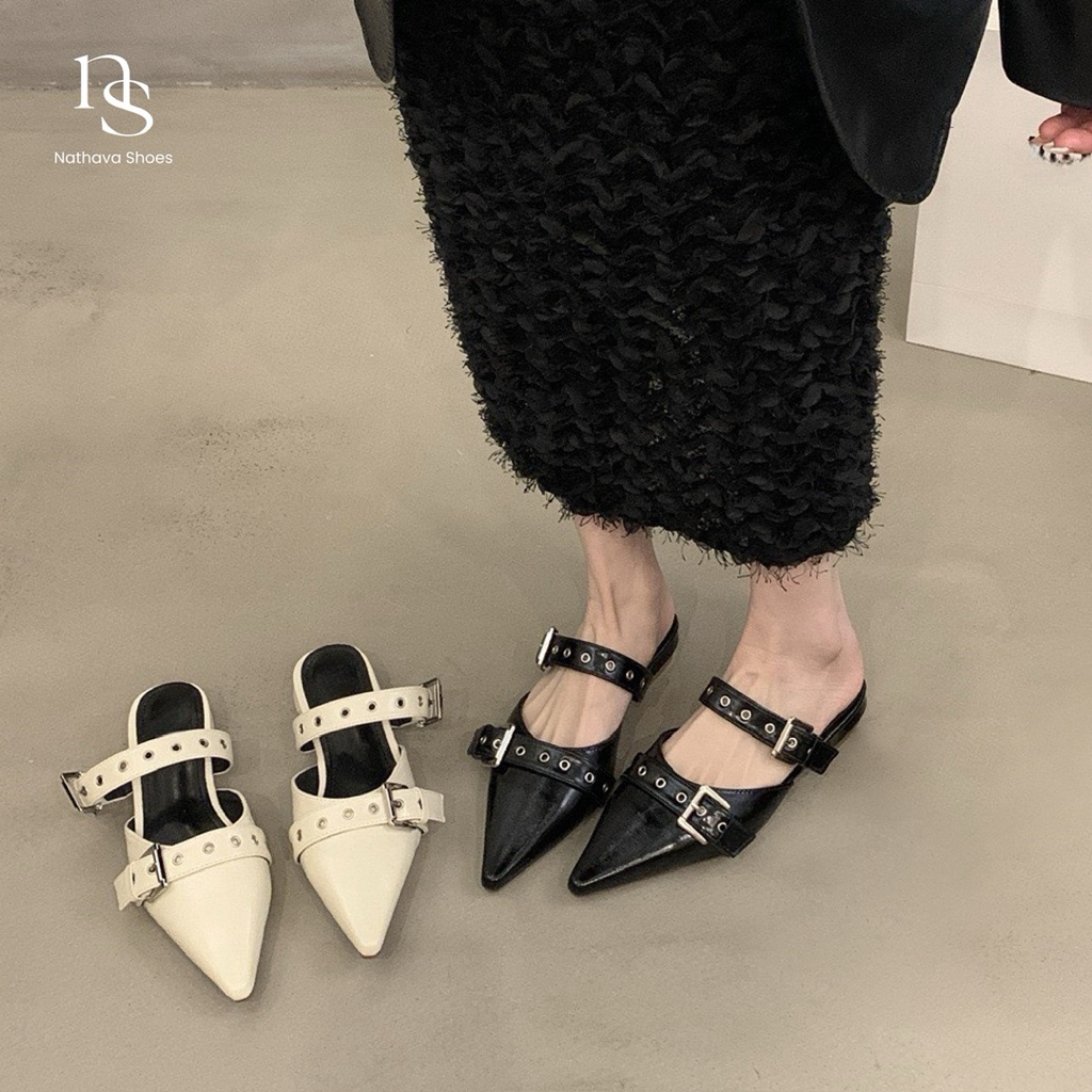 Nathava – ใหม่พร้อมส่ง รองเท้าแตะหัวแหลม สายคาดหมุดดีไซน์เก๋ ความสูง 3 ซม. ใส่แล้วขาเรียว เดินง่าย ไม่เมื่อย