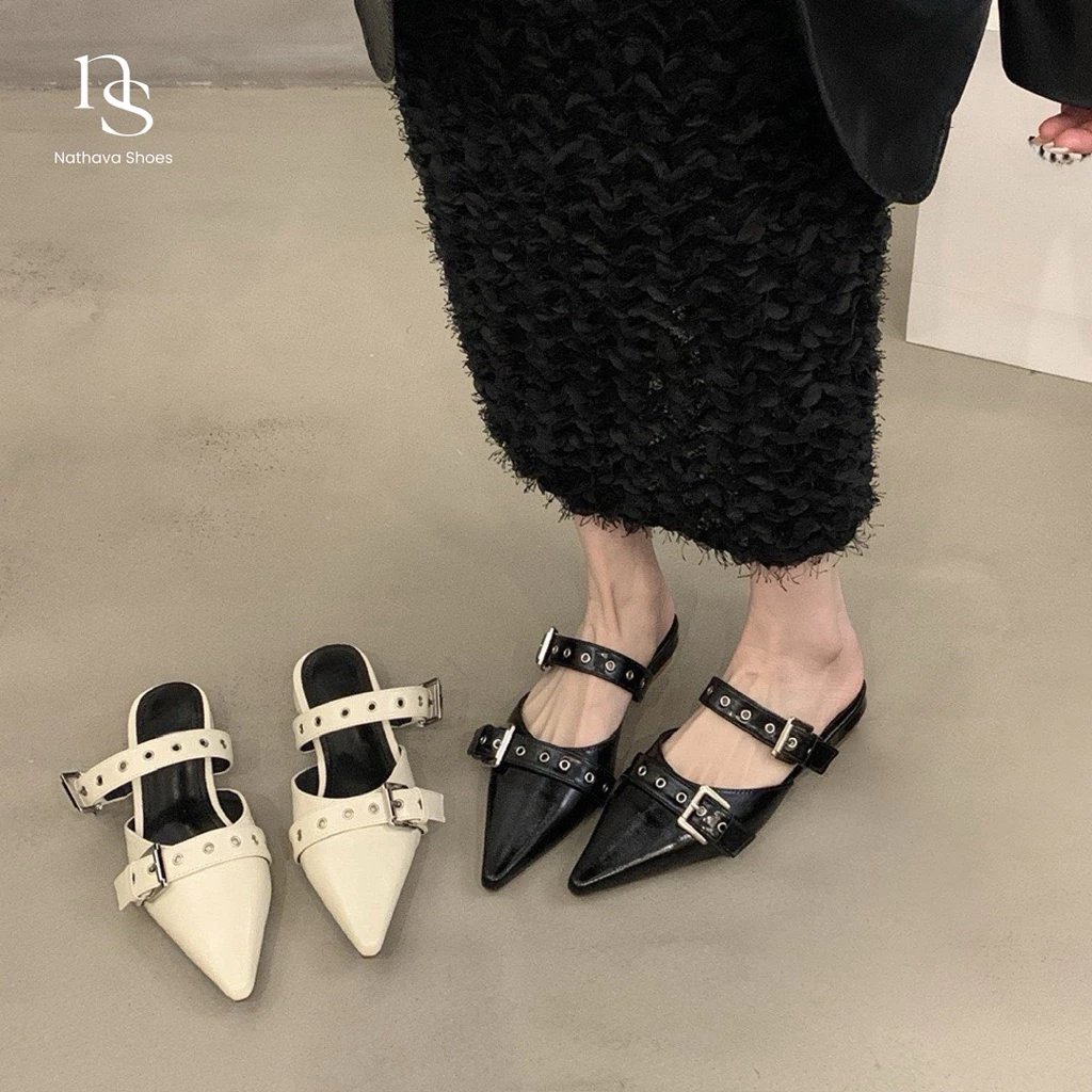 Nathava – ใหม่พร้อมส่ง รองเท้าแตะหัวแหลม สายคาดหมุดดีไซน์เก๋ ความสูง 3 ซม. ใส่แล้วขาเรียว เดินง่าย ไม่เมื่อย