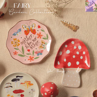 Violet Flamingo Fairy Garden Collection – จานเซรามิคลายเห็ด ผีเสื้อ และดอกไม้สไตล์คอทเทจคอร์ (Cottagecore)