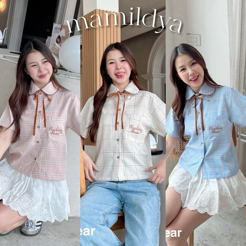 แถมโบว์ 🌟Mamildya.shop🌟 เสื้อเชิ้ตแขนสั้นตัวยาว คอปกบัว กุ้นขอบ/ G1-3/COOK-ริบทาง⚫