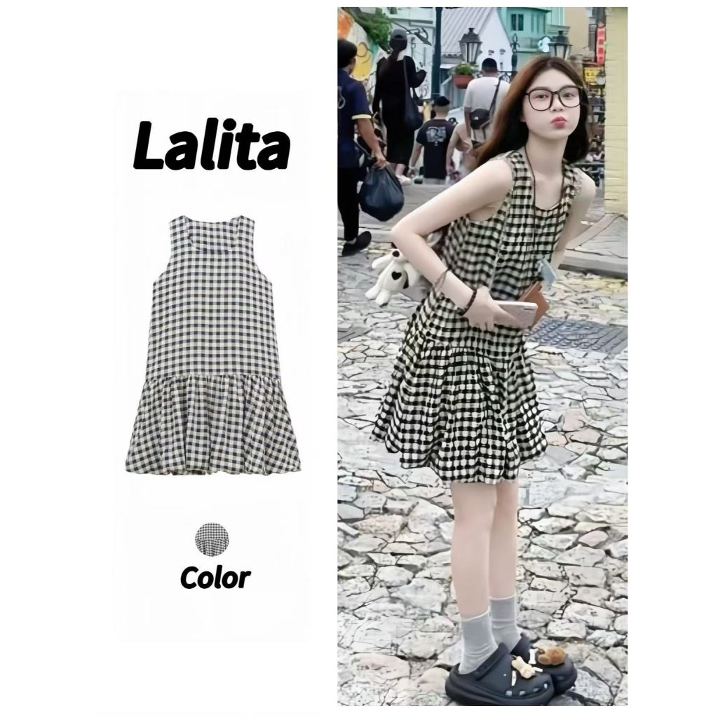 Lalita ชุดเดรสสั้นผู้หญิง  ชุดสวย ชุดเดรสลําลองลายสก๊อต เดรสแฟชั่น